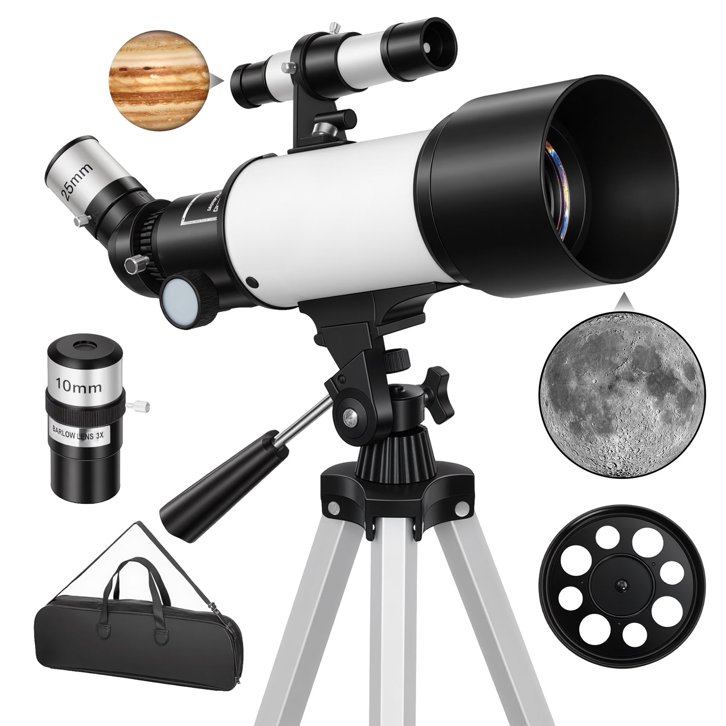 Refractor Astronomy Telescope with 70 mm Aperture, Carry Bag, White