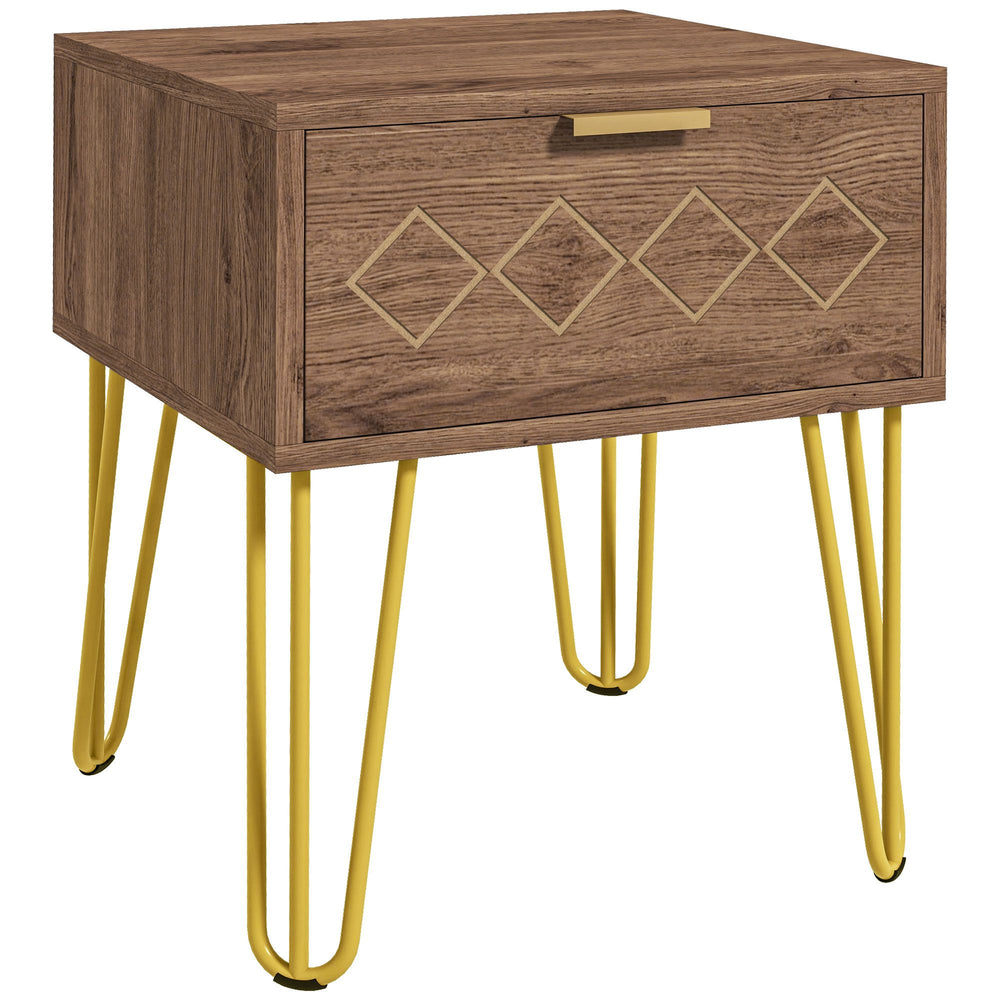 Bedside Table with Drawer, Wooden Nightstand, Modern Sofa Side Table with Gold Tone Metal Legs for Living Room, Bedroom