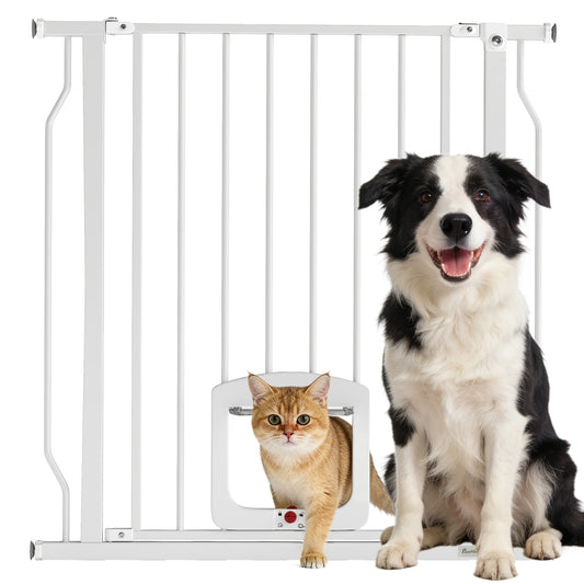 Adjustable Pet Gate with Cat Door for Doorway 75-85 cm, White