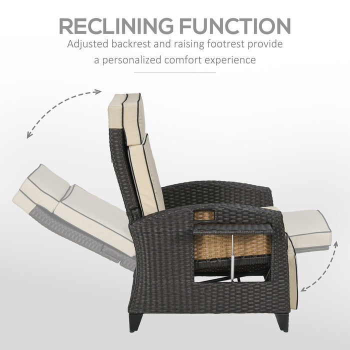 Outdoor Recliner Chair with Adjustable Backrest and Footrest, Cushion, Side Tray, Brown