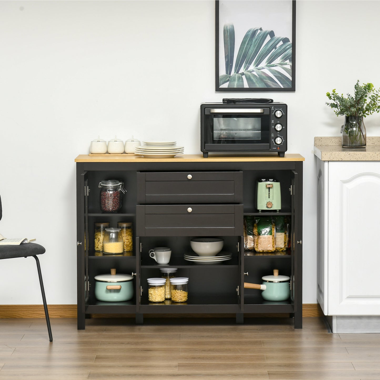 Modern Storage Cabinet with 4 Doors and 2 Drawers, Black Brown