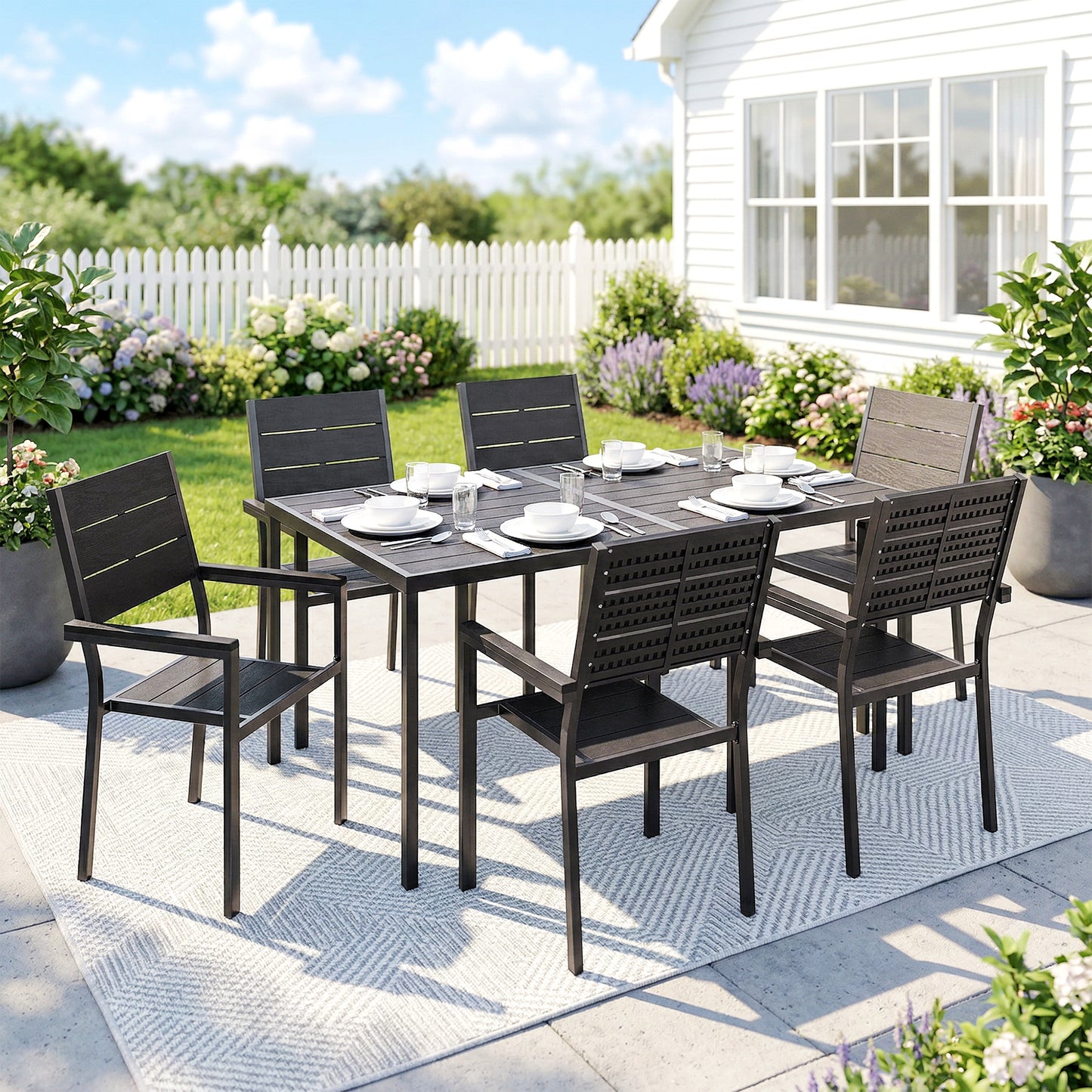 7 Pieces Outdoor Dining Set, Garden Table and Chairs Set, Black