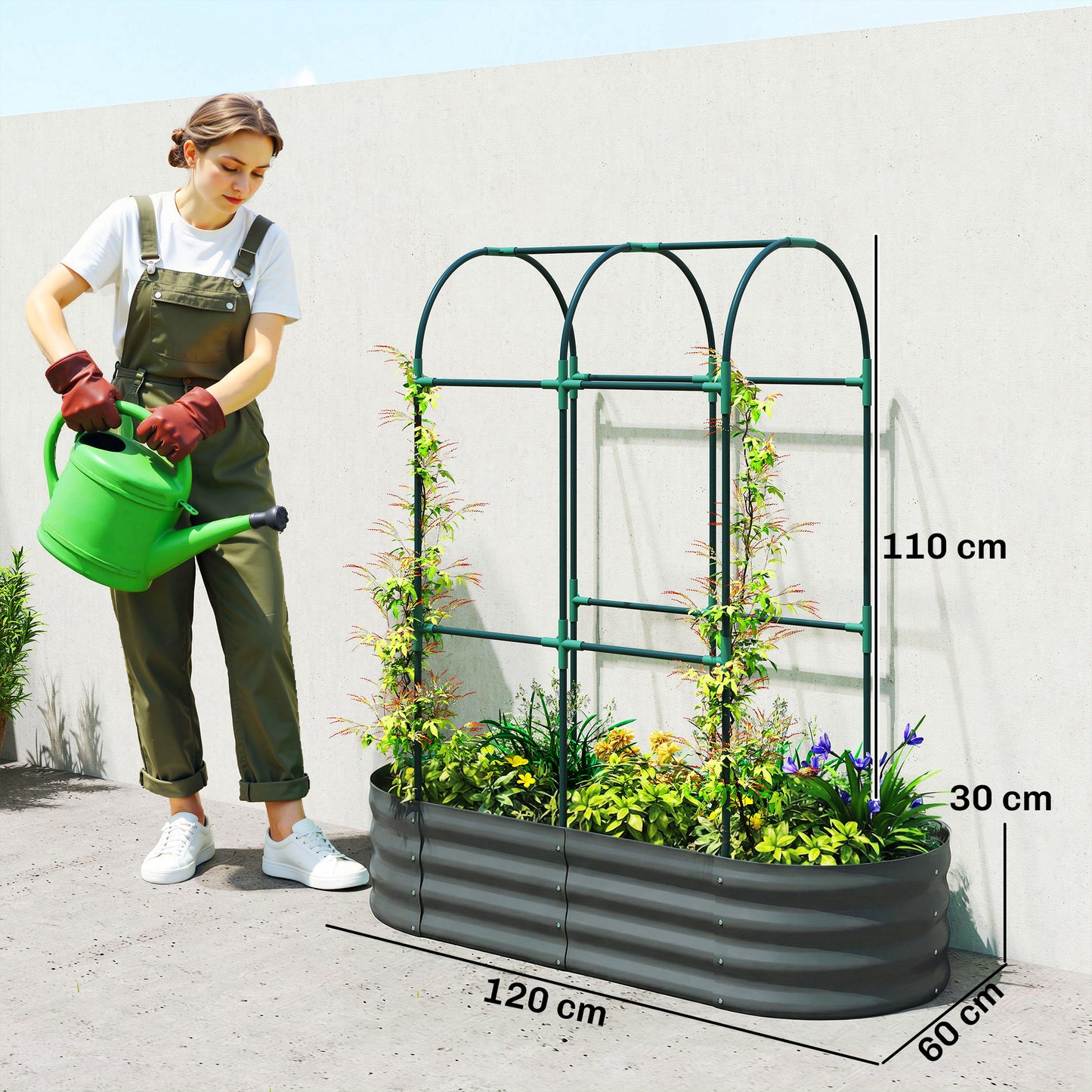 4 x 2 x 4.6ft Galvanised Raised Garden Bed with Trellis, Dark Grey