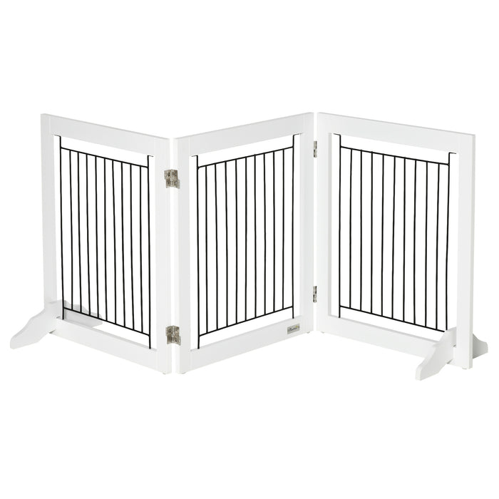 Dog Gate, Freestanding Pet Gate, Wooden Puppy Fence Foldable Design with 61 cm Height 3 Panels, 2 Support Feet, for House Doorway Stairs White