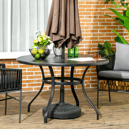 Garden Table with Parasol Hole, Outdoor Dining Garden Table for Four Persons, Round Patio Table with Slatted Metal Top, Black