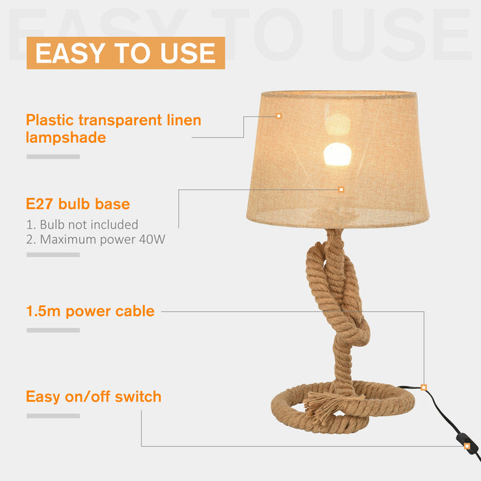 Nautical Style Rope-Base Table Lamp w/ Fabric Lampshade Metal Frame Power Switch Unique Lighting Furnishing Bedroom Living Room Study Beige