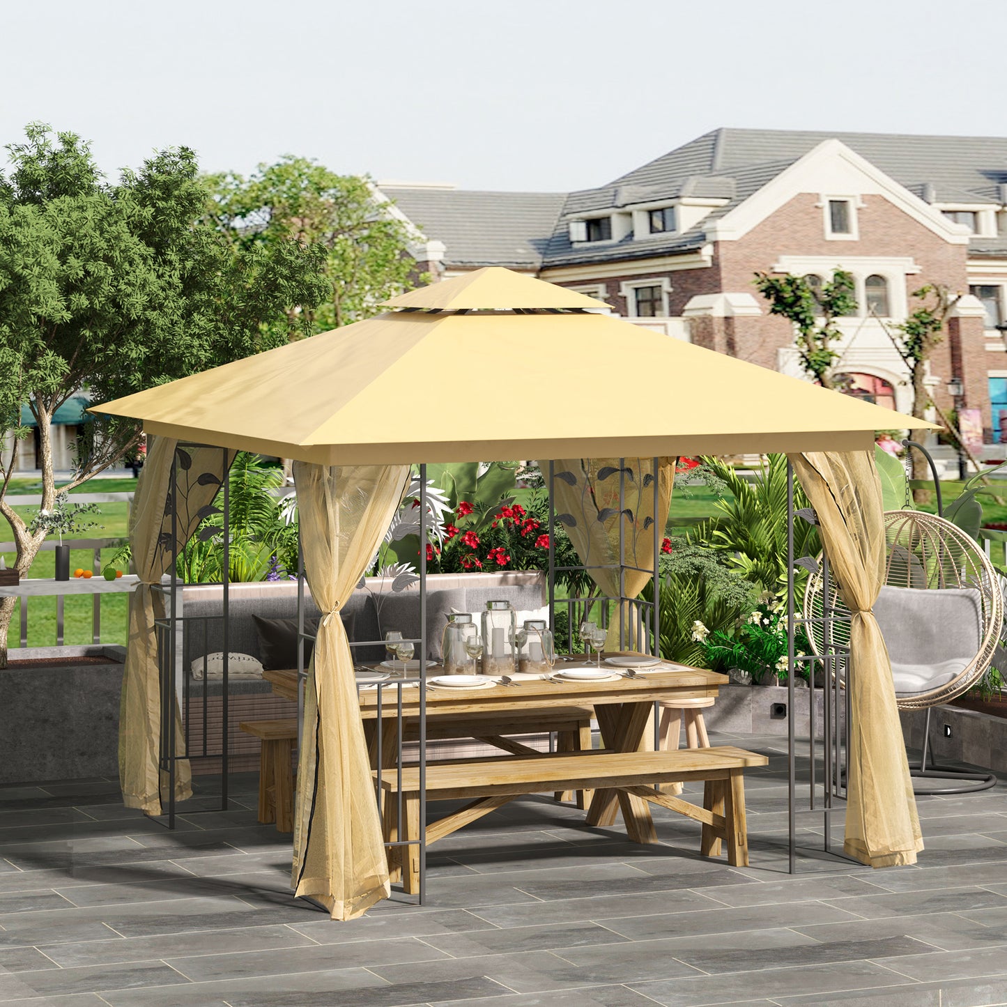 Outsunny 3(m) x 3(m) Garden Gazebo, Double Roof Outdoor Gazebo Canopy Shelter with Netting, Solid Steel Frame, for Garden, Lawn, Backyard, and Deck
