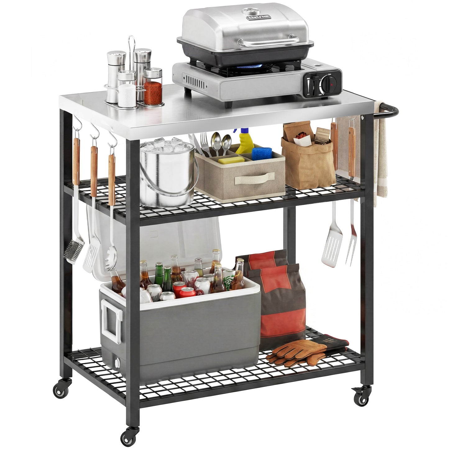 Outdoor Grill Cart, Movable Food Prep Table with Wheels, Hooks