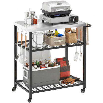 Outdoor Grill Cart, Movable Food Prep Table with Wheels, Hooks