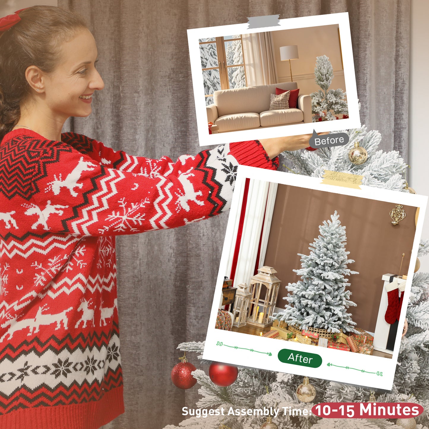 5ft Artificial Christmas Tree with Snow, Hinged Xmas Tree