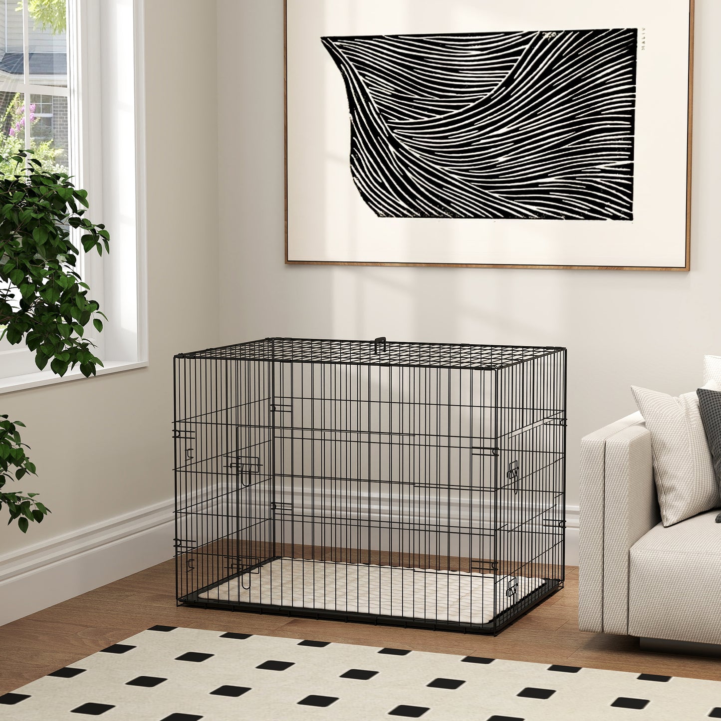 Dog Crate with Two Doors, Tray, Soft Cushion, for Large Dogs, Black