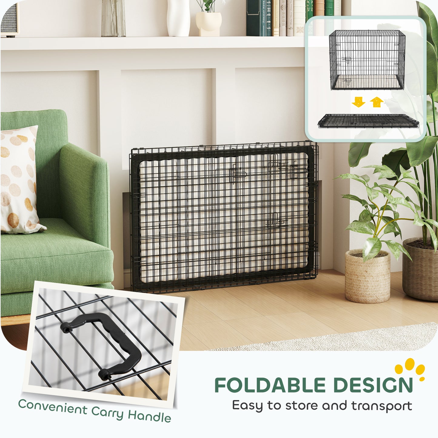 Dog Crate with Two Doors, Tray, Soft Cushion, for Large Dogs, Black