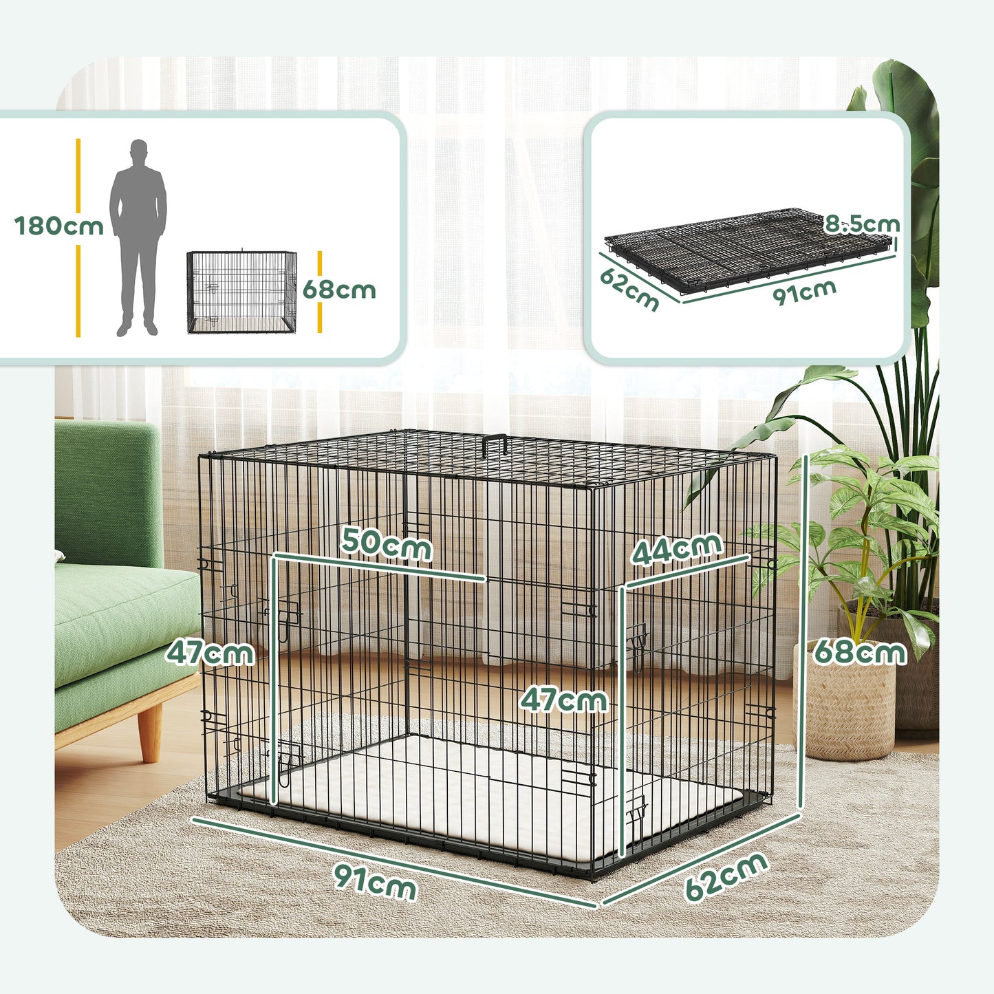 Dog Crate with Two Doors, Tray, Soft Cushion, for Large Dogs, Black