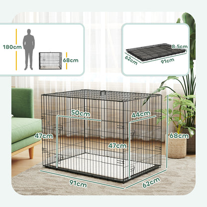 Dog Crate with Two Doors, Tray, Soft Cushion, for Large Dogs, Black