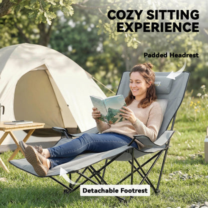 Set of 2 Reclining Folding Camping Chair, Portable Camp Chair with Adjustable Backrest, Footrest, Storage Pocket, Cup Holder and Headrest, for Camping, Beach, Picnic, Grey