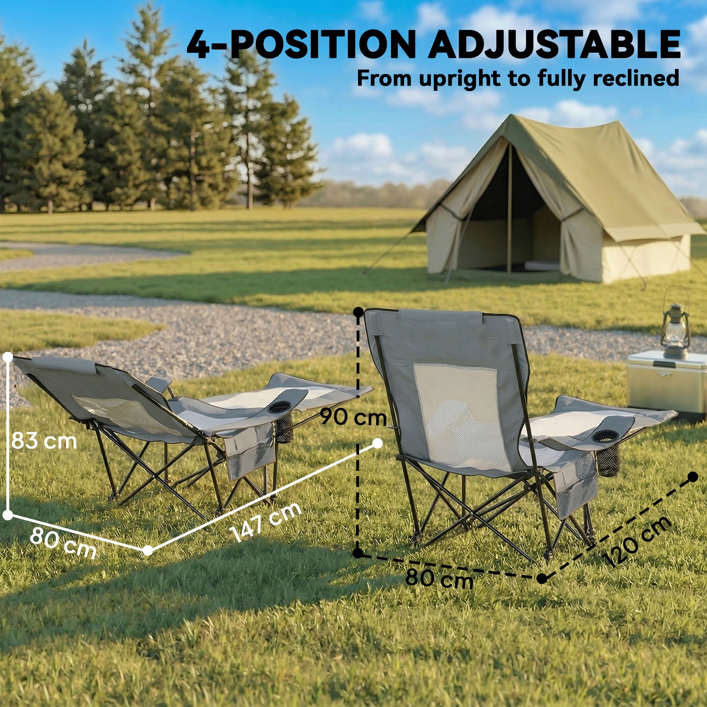 Set of 2 Reclining Folding Camping Chair, Portable Camp Chair with Adjustable Backrest, Footrest, Storage Pocket, Cup Holder and Headrest, for Camping, Beach, Picnic, Grey