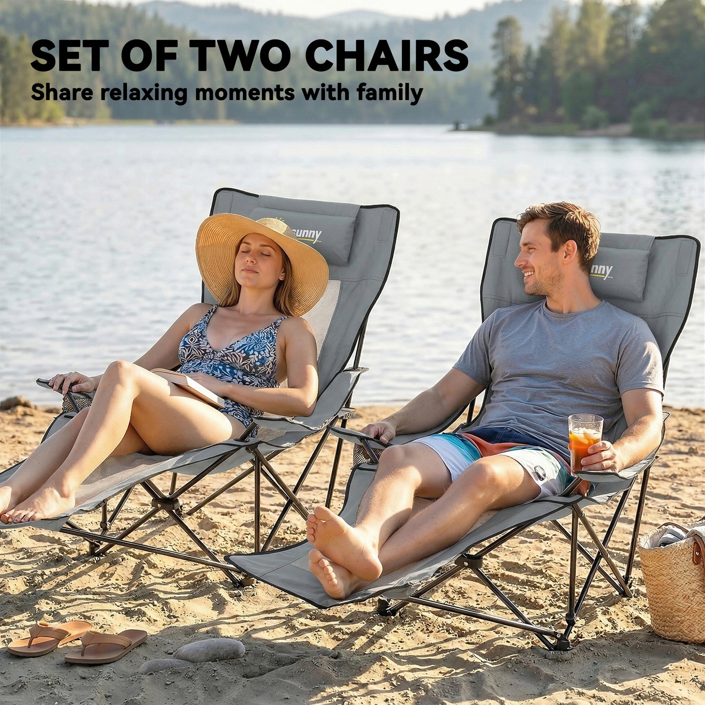 Set of 2 Reclining Folding Camping Chair, Portable Camp Chair with Adjustable Backrest, Footrest, Storage Pocket, Cup Holder and Headrest, for Camping, Beach, Picnic, Grey