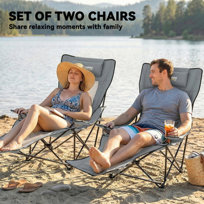 Set of 2 Reclining Folding Camping Chair, Portable Camp Chair with Adjustable Backrest, Footrest, Storage Pocket, Cup Holder and Headrest, for Camping, Beach, Picnic, Grey