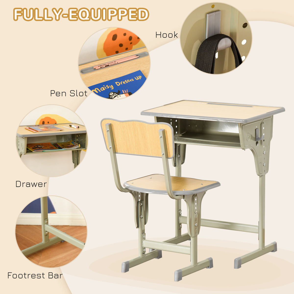 Height Adjustable Kids Desk and Chair Set for 6-12 Years, Grey