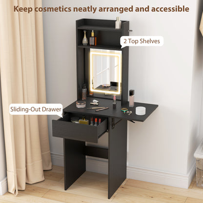 Compact Dressing Table with Lighted Mirror Open Shelves Drawer Black