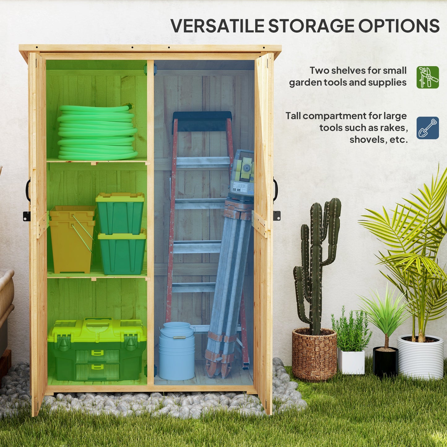 Wooden Garden Storage Shed, Tool Storage Cabinet with Asphalt Roof and 2 Shelves for Garden Tools, Equipment, Outdoor Tool Shed with Double Doors, Natural