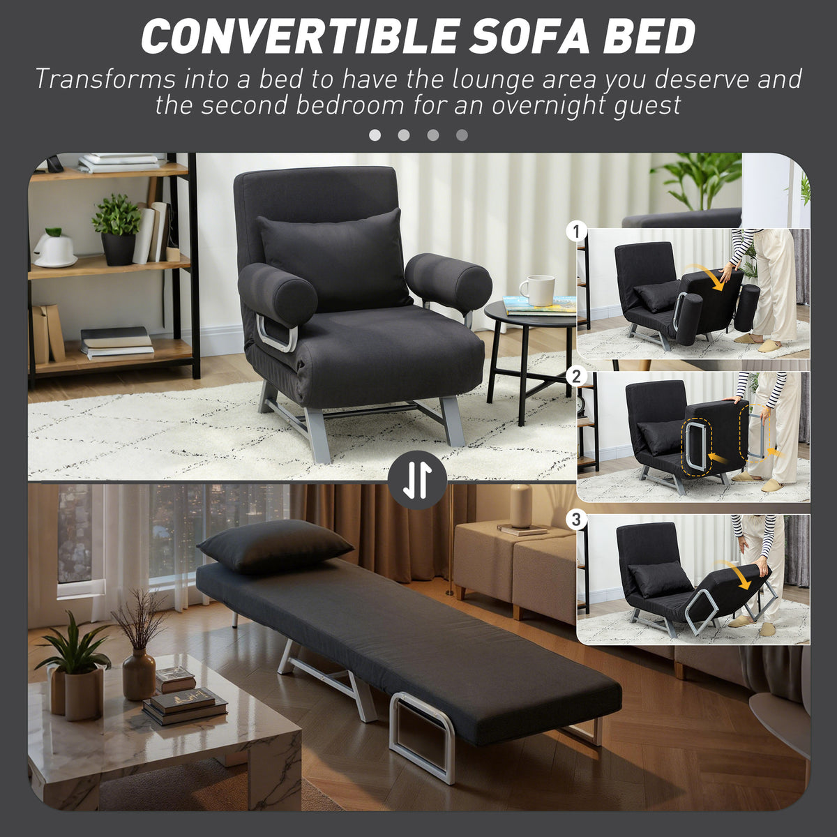 Single Sofa Bed, 3-in-1 Convertible Folding Chair Bed, Black