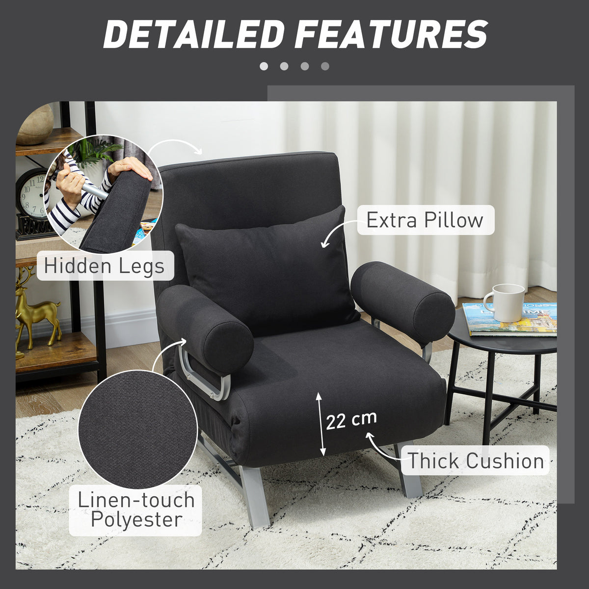 Single Sofa Bed, 3-in-1 Convertible Folding Chair Bed, Black