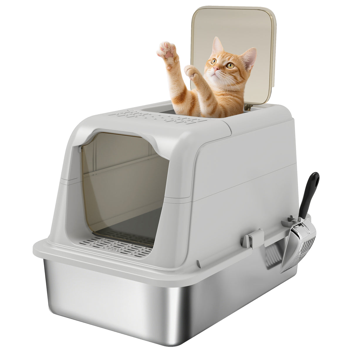 Stainless Steel Litter Box, Enclosed Metal Litter Tray with Scoop