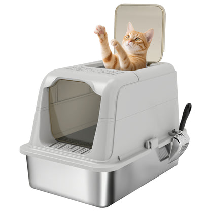 Stainless Steel Litter Box, Enclosed Metal Litter Tray with Scoop