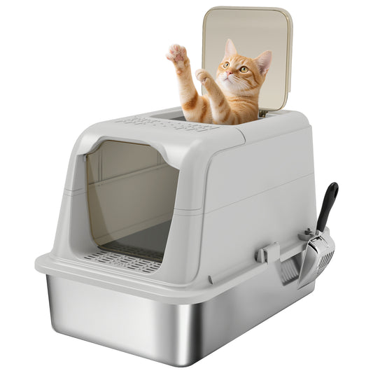 Enclosed Stainless Steel Cat Litter Box with Scoop and Deodoriser Bag - Light Grey