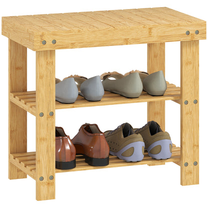 3-Tier Bamboo Shoe Bench with 2 Shelves for Entryway, Wood Finish