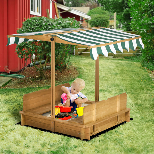 Wooden Sandpit with Adjustable Canopy Brown