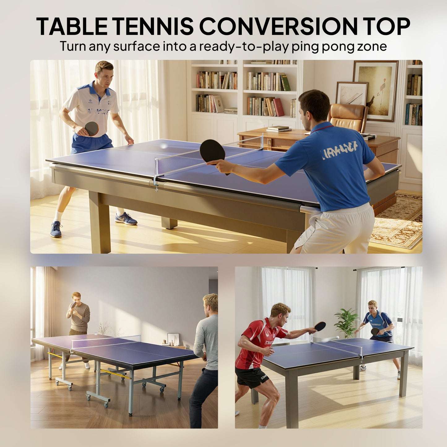 9 ft Folding Ping Pong Table Top for Billiard Tables, Regulation Sized Foldable Table Tennis Conversion Top with Net Set, Foam Padding, Net Storage Bag, Blue