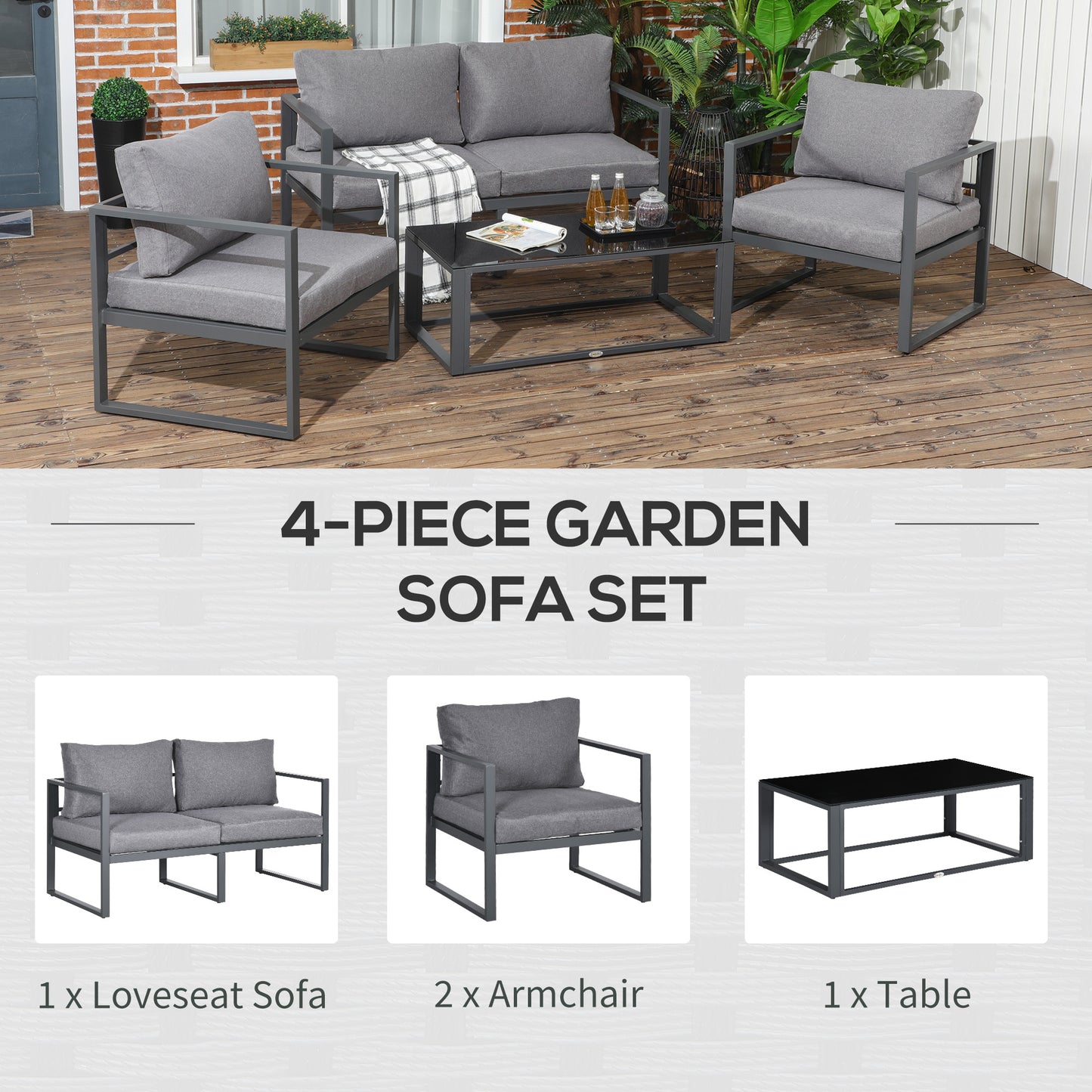 4 Pieces Garden Sectional Sofa Table Furniture Set Aluminium w/ Cushion