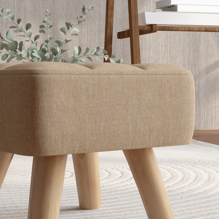 Modern Tufted Footstool, Fabric Foot Stool with Rubber Wood Legs, Padded Seat, for Living Room, Bedroom, Entryway, Light Brown