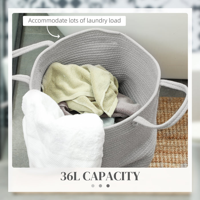 36L Cotton Rope Laundry Basket with Handles for Pillows Clothes Grey