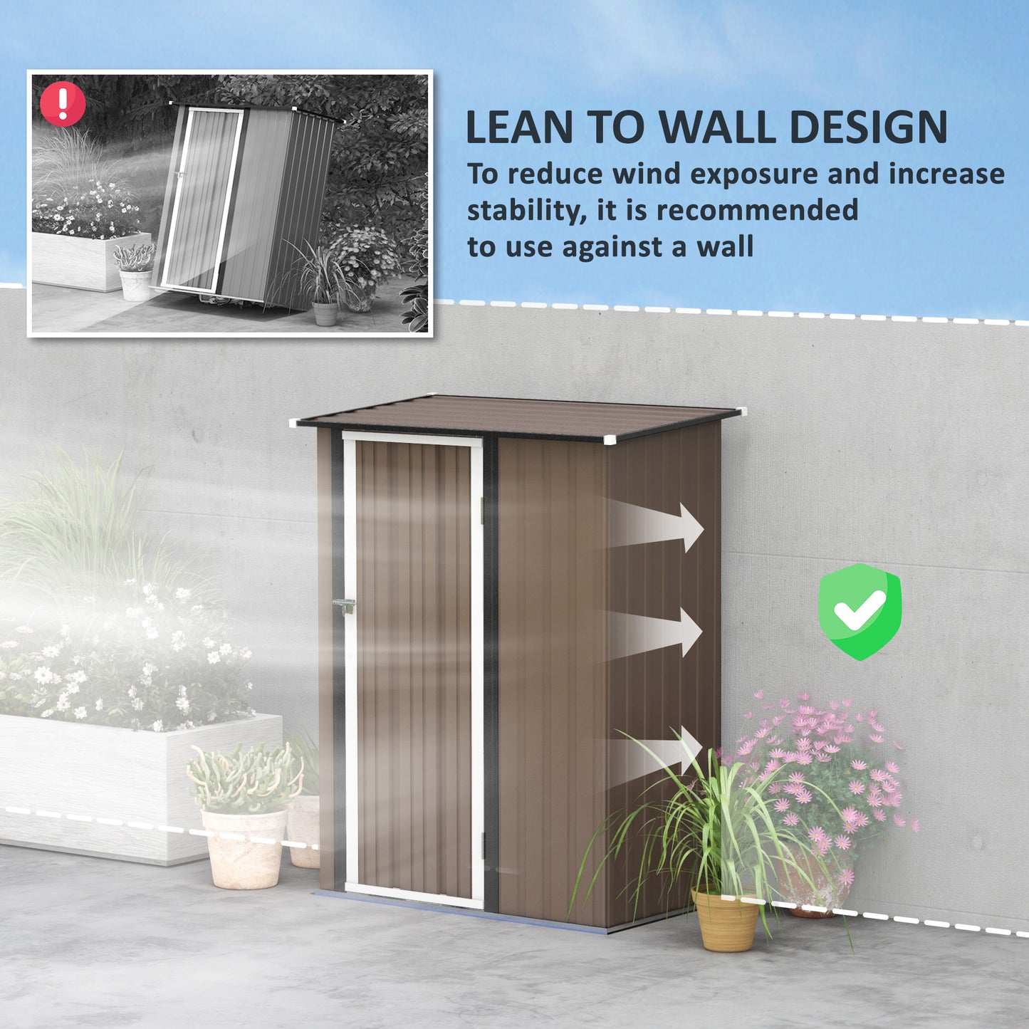 Outdoor Storage Shed Steel Garden Shed w/ Lockable Door Brown