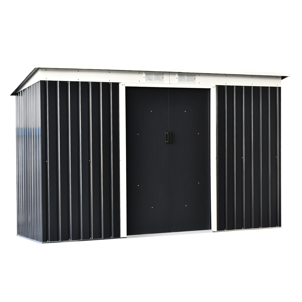 9 x 4 ft Metal Garden Storage Shed Patio Corrugated Steel Roofed Tool Box with Base, Kit Ventilation and Doors, Grey