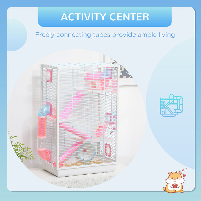 4-Tier Hamster Cage, Gerbilarium Cage w/ Tubes, Exercise Wheel, Hut, Ramps, Platforms, 47 x 29.5 x 76cm