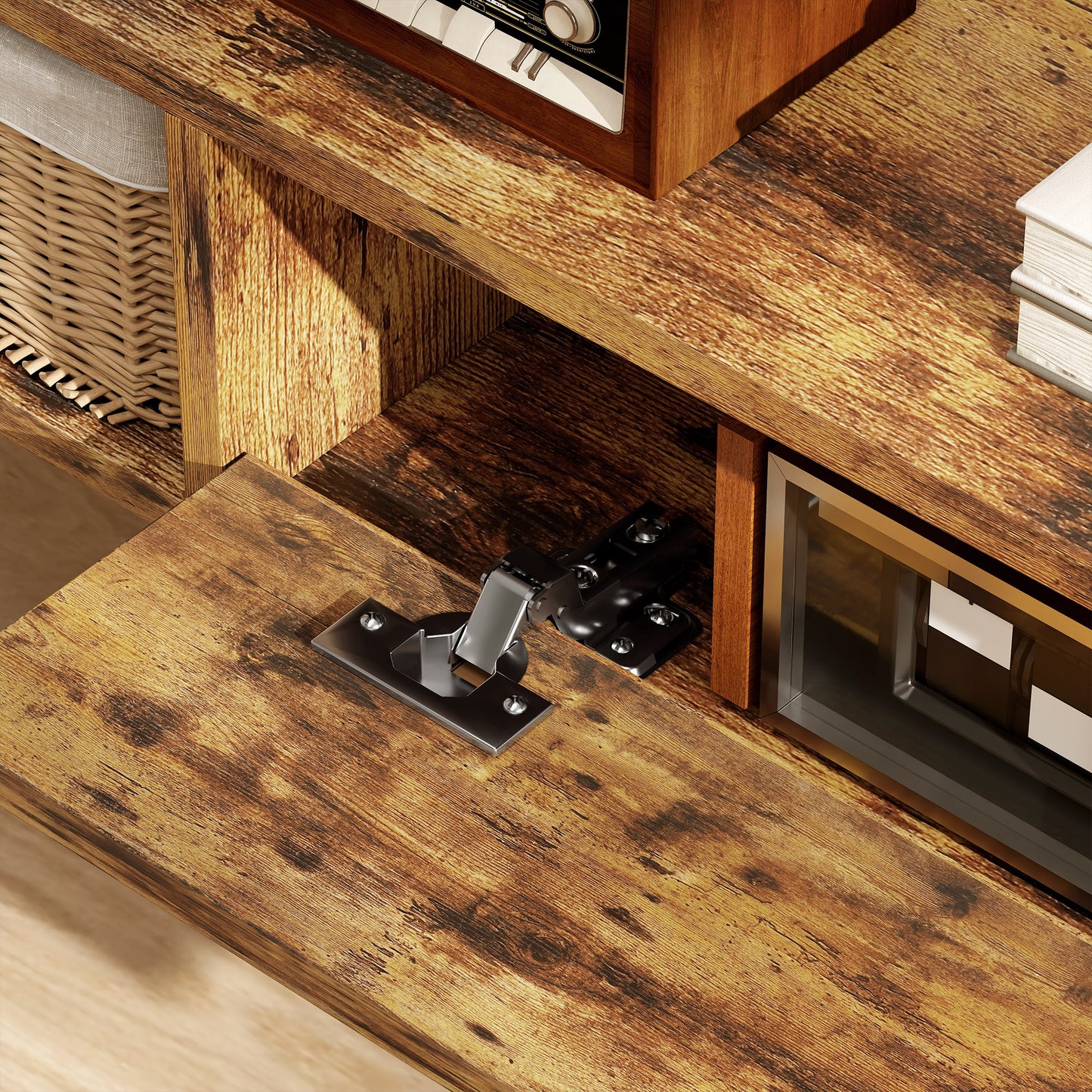 120 cm Floating TV Unit with Flip Drawer and Shelves, Rustic Brown