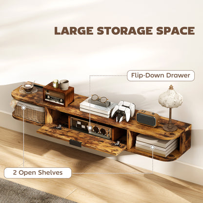 120 cm Floating TV Unit with Flip Drawer and Shelves, Rustic Brown