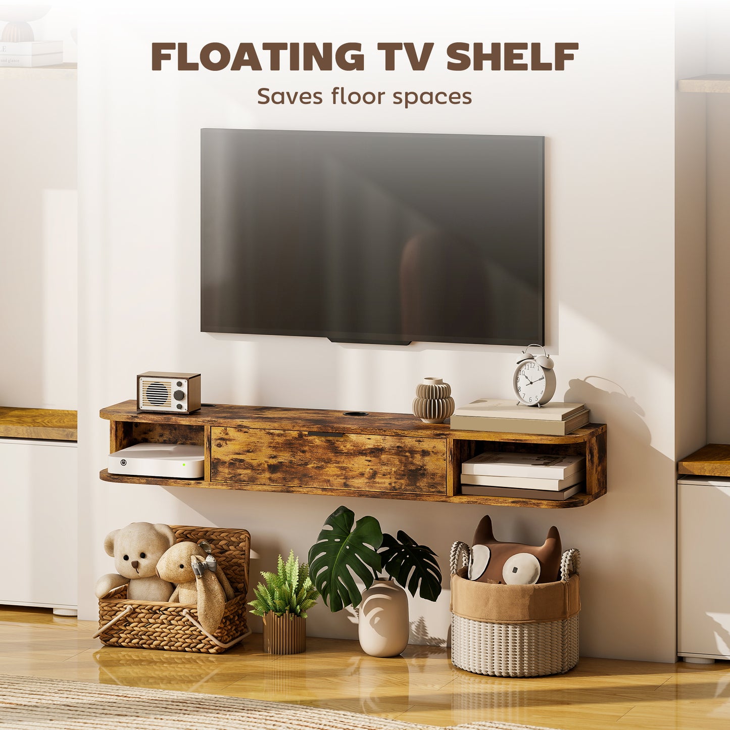 120 cm Floating TV Unit with Flip Drawer and Shelves, Rustic Brown