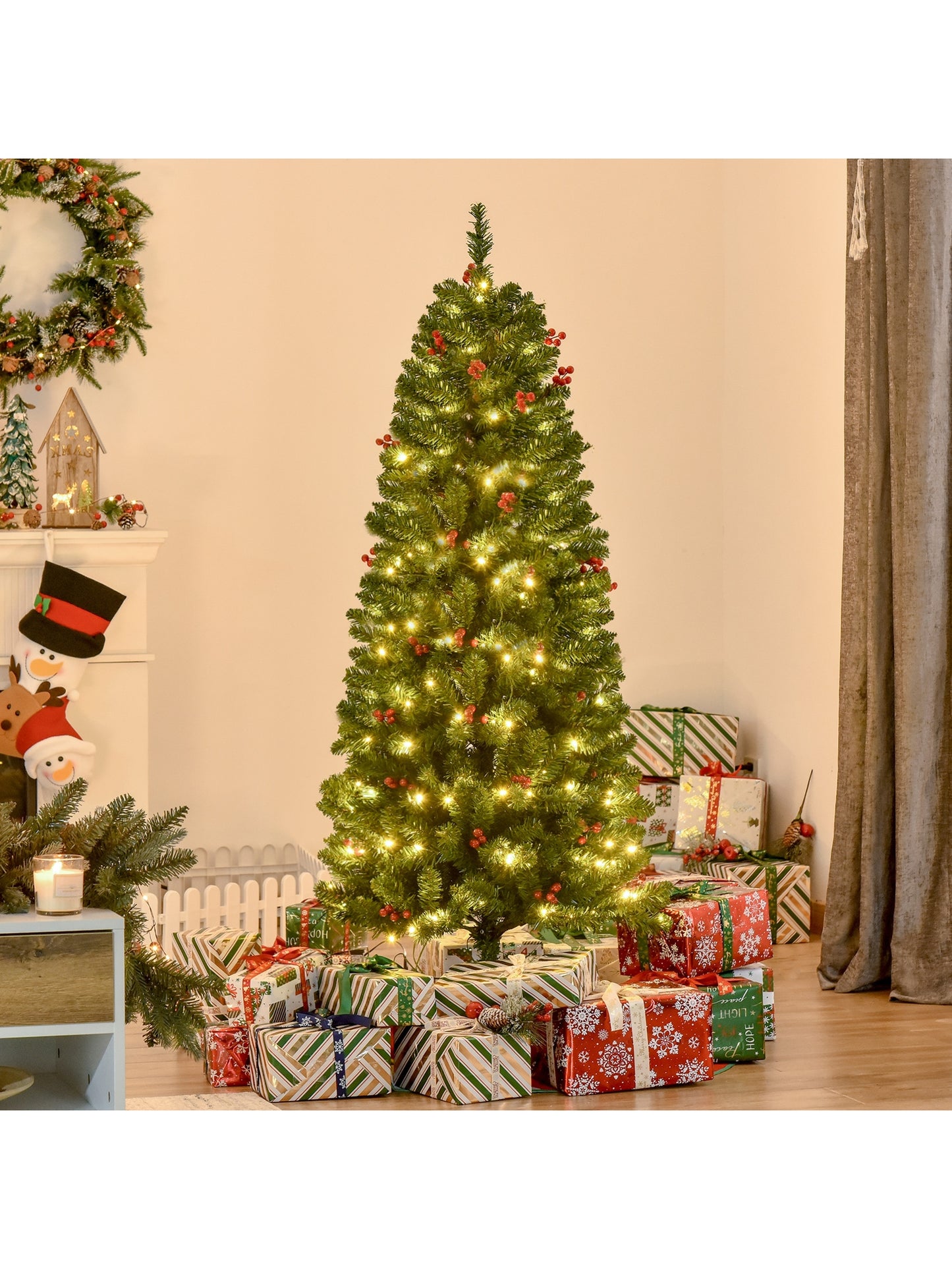 5FT Prelit Pencil Christmas Tree w/ LED Light, Berry, Xmas Decoration