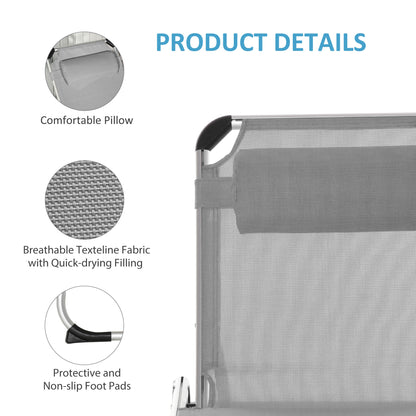 Foldable Reclining Sun Lounger Lounge Chair Camping Bed Cot w/ Pillow 4-Level Adjustable Back Aluminium Frame Grey