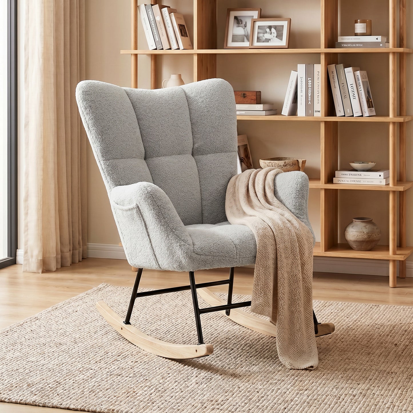 Tufted Rocking Chair with Side Pockets, Light Grey