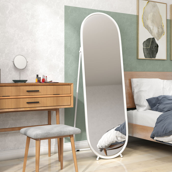 Oval Full Length Mirror with Metal Frame Hanging or Leaning White