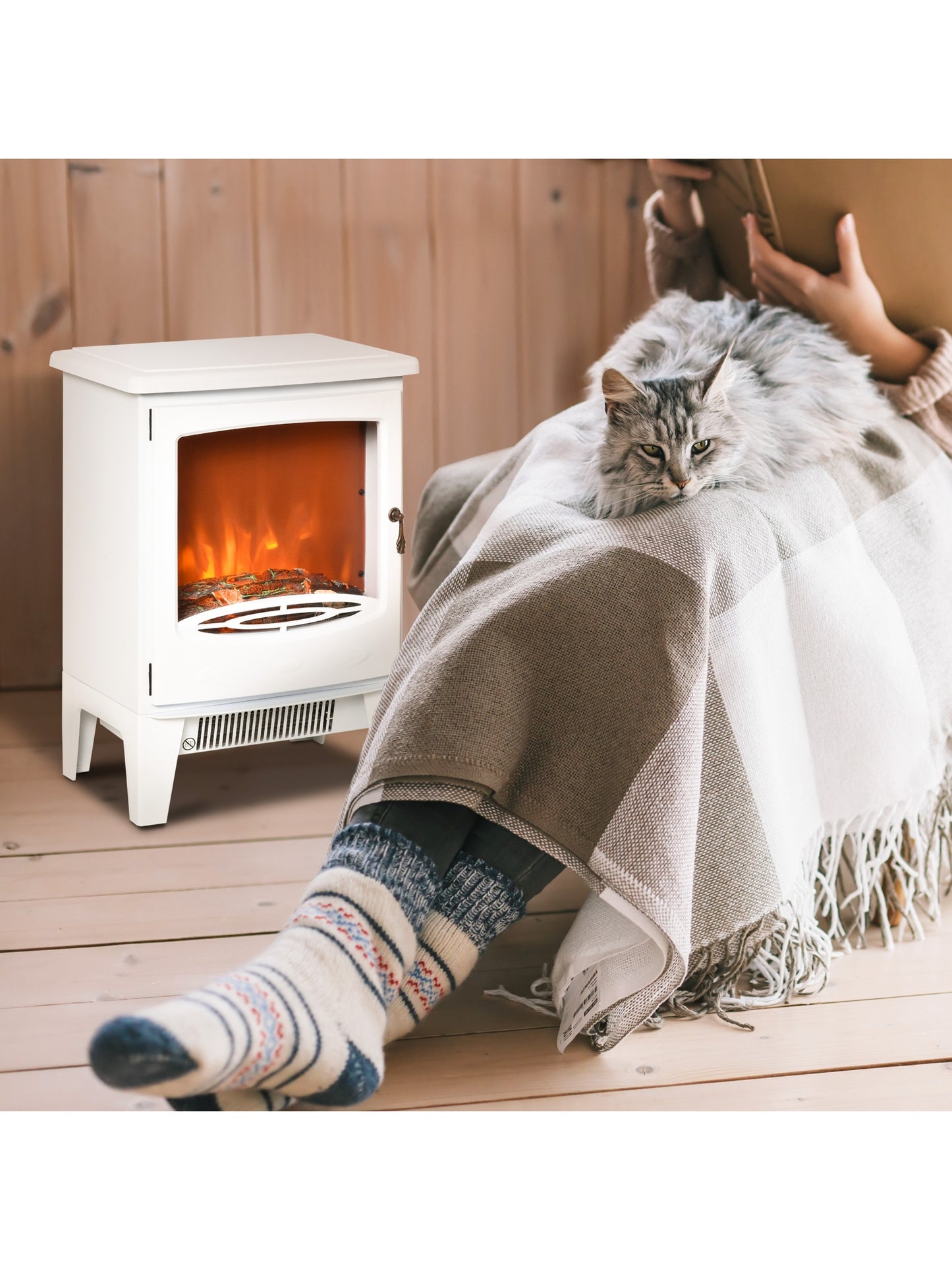 Freestanding Electric Fireplace Stove Heater W/ LED Flame Effect White