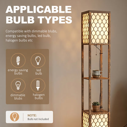 2-Light Modern Floor Lamp with Shelves for Bedroom, Rustic Brown