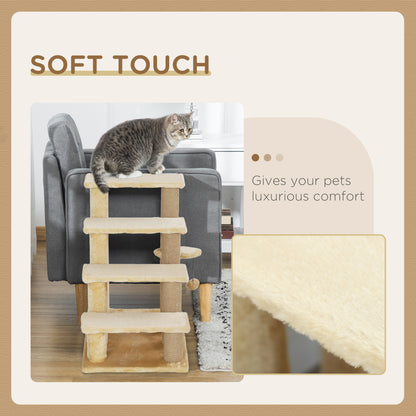 Pet Stairs, Cat Tree Climb Ladder with 4-step Stair, Scratching Posts, Platforms, Toy Ball, for Indoor Cats, Beige