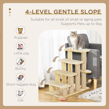 Pet Stairs, Cat Tree Climb Ladder with 4-step Stair, Scratching Posts, Platforms, Toy Ball, for Indoor Cats, Beige
